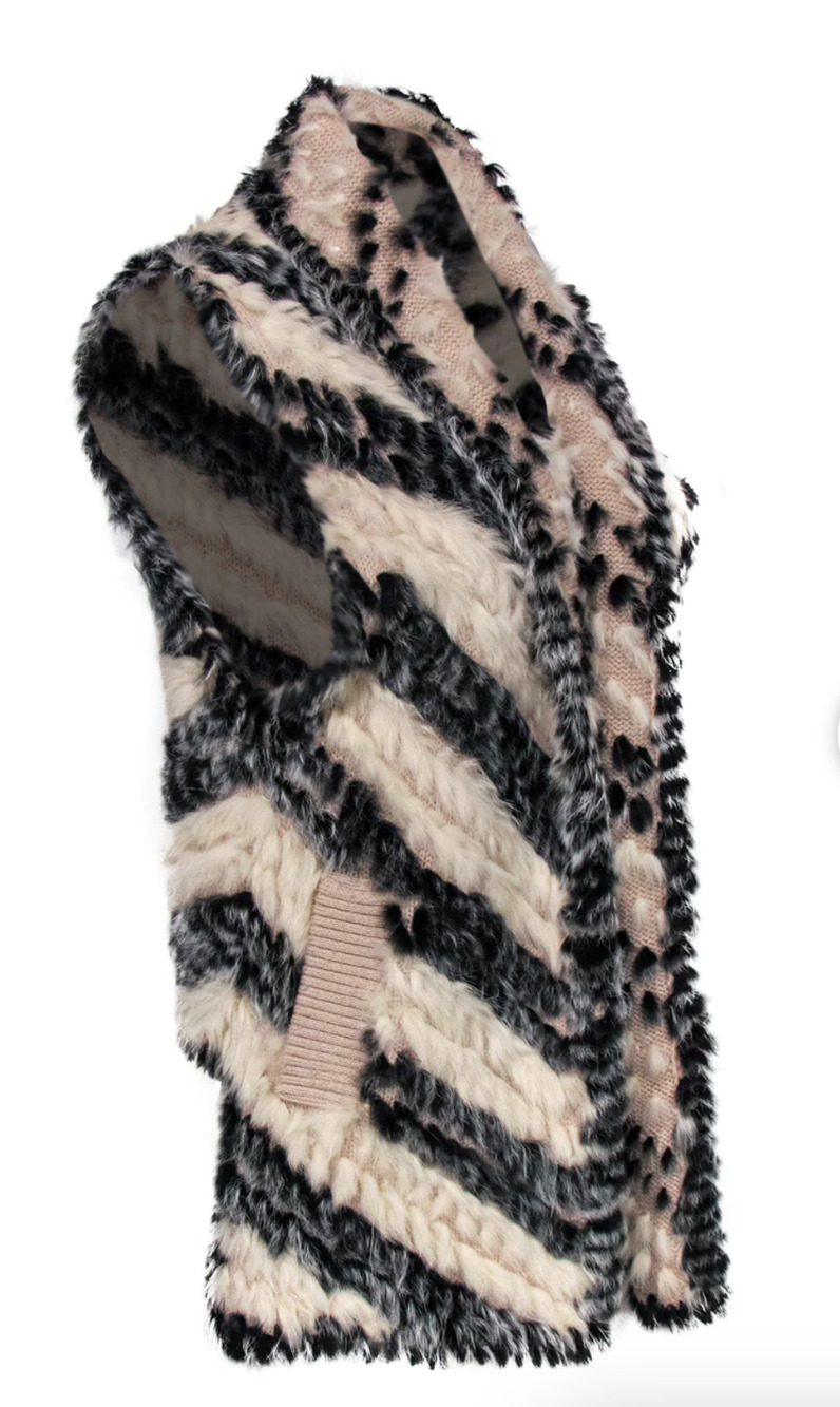 Marc by Marc Jacobs Cream Black Striped Knitted Soft Rabbit Fur Pocket Vest OS